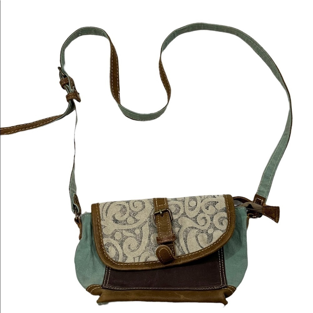Myra bag Paisley swirl print small cross body bag canvas leather.